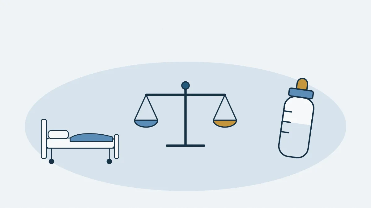 Un lit de soin et un biberon de part et d'autre d'une balance