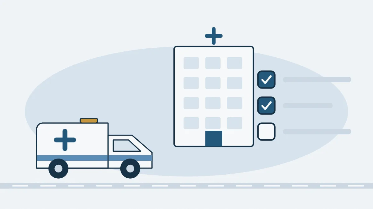 Une ambulance, la façade d'un institut et une liste à cocher